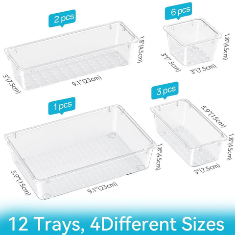 Must Have Grab And Go 12 Piece Drawer Organizer Set With 4 Size Trays, Clear Plastic Vanity And Makeup Storage Bins