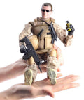 Close-up of 12 Inch One Six Scale Action Figure Set With Fully Poseable Army Special Forces Soldier Digital Desert Camouflage Uniform