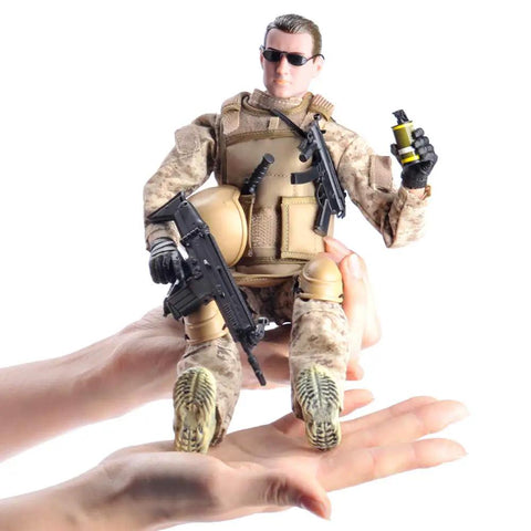 Close-up of 12 Inch One Six Scale Action Figure Set With Fully Poseable Army Special Forces Soldier Digital Desert Camouflage Uniform