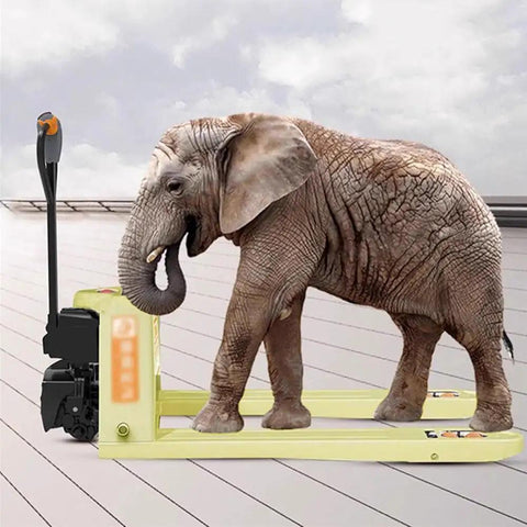 Heavy Duty Electric Pallet Jack Truck Boasting A Massive 4400 Lbs Capacity With Lithium Power under an elephant in a warehouse setting.