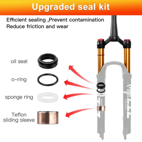 Ultralight Air Suspension Front Fork For MTB With 120mm Travel, gold fork with upgraded seal kit components and parts displayed