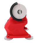 Hassle Free Cordless Mini Bench Grinder Spinning At 5500 Rpm For Lightning Fast Metal Polishing showing 70mm abrasive disc and red casing.