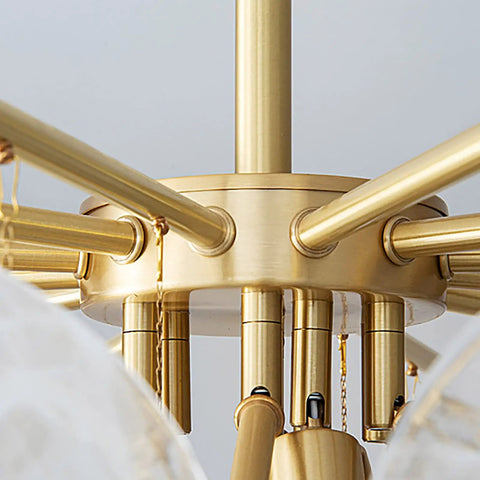 Showstopper Modern Luxury Crystal Rain Drop Chandelier close-up of gold-tone frame detail, bulb not included E14 compatible