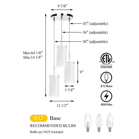 Modern Chrome Pendant Light With Clear Glass Cylinder And Frosted Inner Shade, size and bulb specifications displayed