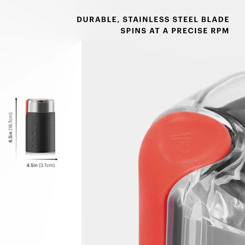 Electric Blade Coffee Grinder for Fresh Grounds in Minutes, stainless steel blade close-up and size dimensions