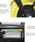 Close-up of Totally Rock Solid Heavy Duty Garden Hose Reel Cart showing durable iron frame and copper connector detail.
