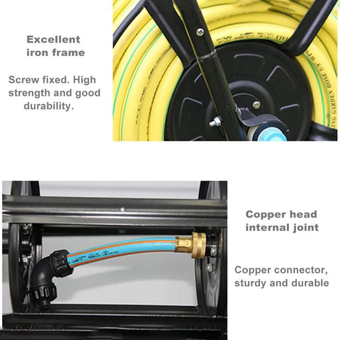 Close-up of Totally Rock Solid Heavy Duty Garden Hose Reel Cart showing durable iron frame and copper connector detail.