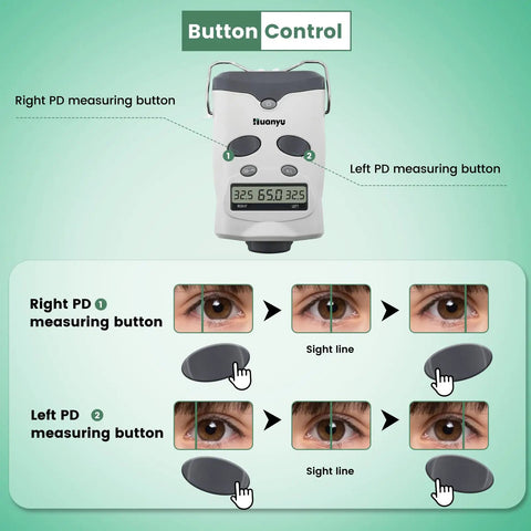 Digital PD Meter Pupilometer For Optometry With LCD Display EZ To Use 44 To 83 Mm Range Button Control Auto Sleep And Auto Shut Down Pupillometer CE Approved showing button control for pupil measurement.