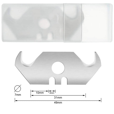 Hook Blade 30 Pack, Carbon Steel Utility Blades For Roofing And Carpet, Durable Razor Blades In A Plastic Box For Sharp Trim And Cutting, Heavy Duty Replacement Blades For Pro Jobs, shown with 49mm blade and box