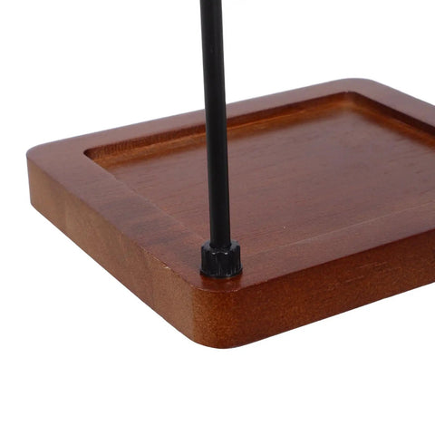 Close-up of Top Shelf Wood Coffee Dripper Stand Built Tough With Stainless Base showing wooden base and steel support.