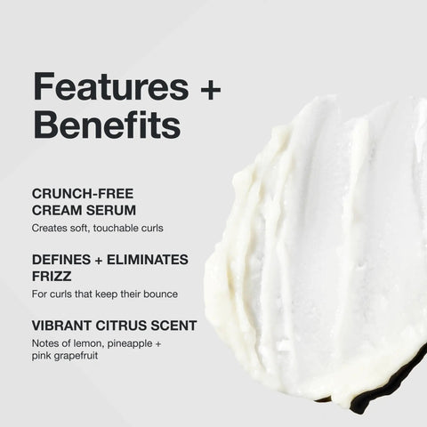 Text highlighting features of Twirl Around Cream Serum For Curly And Wavy Hair With Frizz Control And Soft Touchable Hold A Cream Gel Hybrid