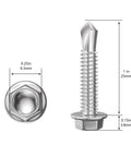 Built Like A Tank Number 8 X 1 Inch Hex Washer Head Self Drilling Screws, 250 Pack Of Corrosion Resistant 410 Stainless Steel Tek Screws dimensions
