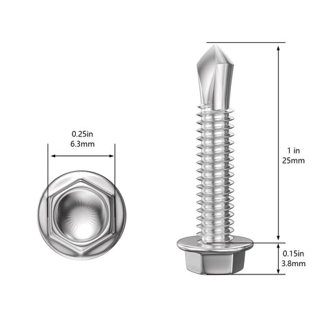 Built Like A Tank Number 8 X 1 Inch Hex Washer Head Self Drilling Screws, 250 Pack Of Corrosion Resistant 410 Stainless Steel Tek Screws dimensions