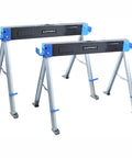 Built Tough Heavy Duty Folding Sawhorses Twin Pack, 2200 lb Capacity Each showing folding legs and 2x4 arm support