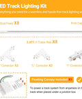 LED Track Lighting Kit components display with live end feeds, end caps, 3.3ft H track rails, and connectors for All In One 26 Feet H Track Lighting Kit In White With Floating Canopy Connector Includes End Caps Live End Feeds I T L Connectors And Mounting Hardware For Easy No Fuss Single Circuit H Style Setup.