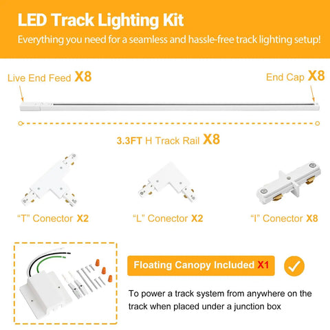 LED Track Lighting Kit components display with live end feeds, end caps, 3.3ft H track rails, and connectors for All In One 26 Feet H Track Lighting Kit In White With Floating Canopy Connector Includes End Caps Live End Feeds I T L Connectors And Mounting Hardware For Easy No Fuss Single Circuit H Style Setup.