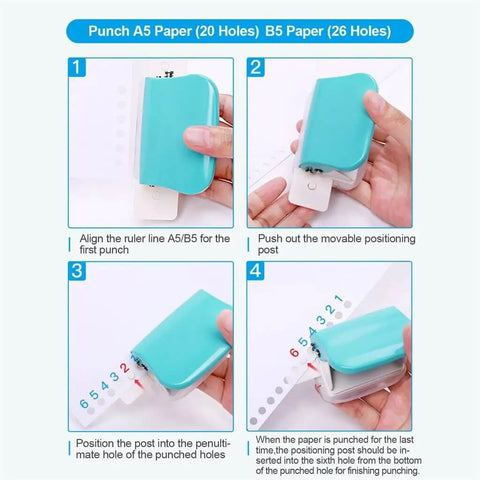Steps using 6 Hole Handheld Metal Hole Punch for Notebook Scrapbook Diary Planner, demonstrating alignment and punching process