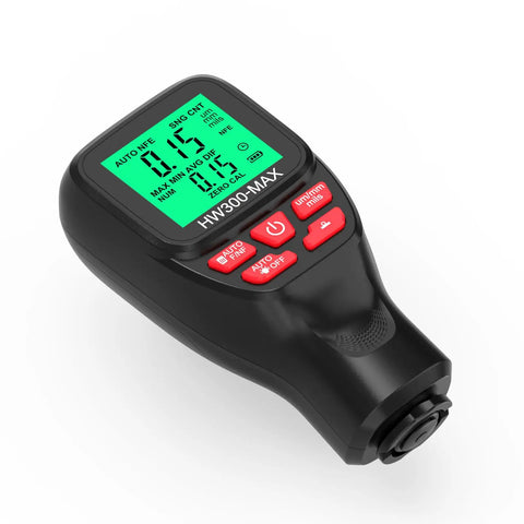 All Around Paint Thickness Gauge 0-2000um With LCD Readout Auto Substrate Detection 3 Probe Modes 3 Unit Switching Works On Steel Metal Plastic Glass PVC Battery Indicator Auto Shutoff Pro Grade handheld gauge with green LCD and red buttons