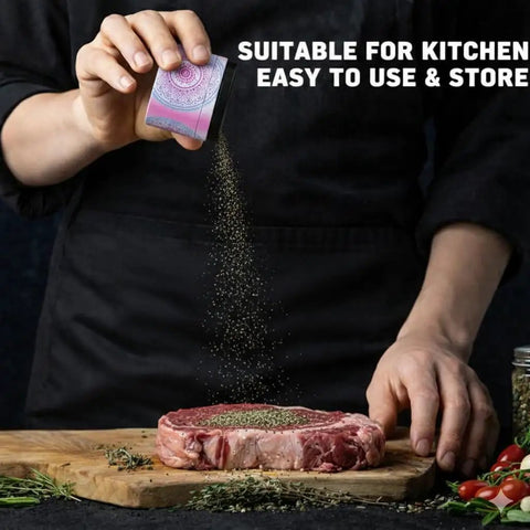 Manual Spice Grinder With No Fuss Quiet Grind, Calm Precision Die Cast Zinc Alloy, Pink and Blue Gradient being used on steak