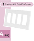 Screwless 4 Gang Decorator Wall Plate White Polycarbonate Outlet Cover Unbreakable Impact Resistant Durable Flush Mount