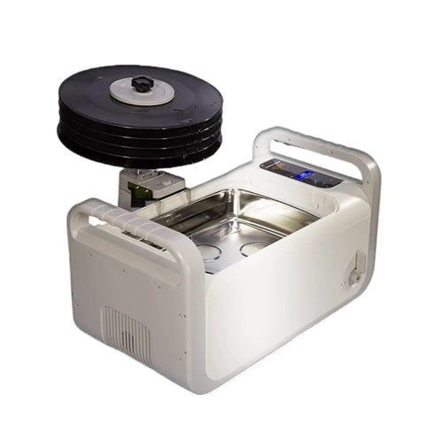 Top Shelf Ultrasonic Record Wash Machine With Waterproof Tank For Seven To Twelve Inch Vinyl shown with records above washer.