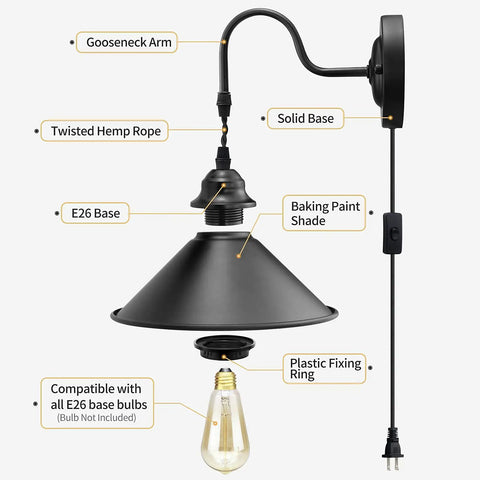 Plug In Wall Sconces Two Pack Black Industrial Gooseneck Lamps With On Off Switch UL Certified E26 Base Ideal For Bedroom Bedside Indoor Use Doorway Hallway No Bulbs Included
