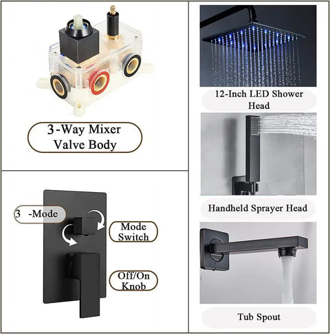 LED Rain Shower System With High Pressure 12 Inch Square Rain Head Handheld Shower Brass Tub Spout Brass Shower Arm Stainless Steel Hose 3 Function Valve Matte Black Bath Faucet Trim Kit Luxury Bathroom Rain Mixer Set components