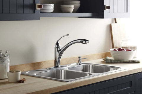 Modern kitchen with dual sink and contemporary kitchen sink soap dispenser 16 oz for liquid soap polished chrome easy top fill refillable
