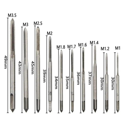 High Speed Steel Mini Metric Tap Kit, 10 Piece Threaded Tap Set For M1, M1.2, M1.4, M1.6, M1.7, M1.8, M2, M2.5, M3, M3.5 Threads