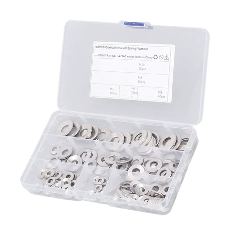 Stainless Steel Knurled Conical Spring Washer Kit, 140 Pieces, Includes M4 M5 M6 M8 M10 Sizes, Serrated And Durable, Organized Storage Box open with sorted stainless steel washers
