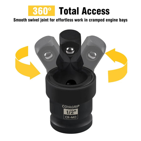 Heavy Duty Universal Joint Swivel Socket Set Three-Piece 1/2, 3/8, and 1/4 Inch Drive Flexible U-Joint Adapters in CR-Mo Steel