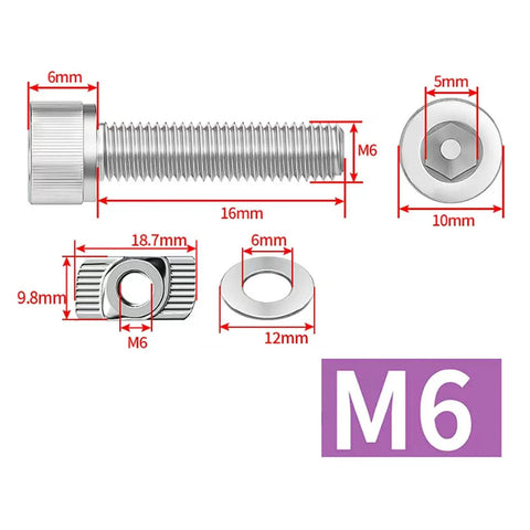 Heavy Duty T Slot Nut Set With Screws For 45 Series Aluminum Profiles Boat Shaped Block Kit Premium SS304 Stainless Steel Indoor Outdoor Ready 10 Pack M6 screw dimensions