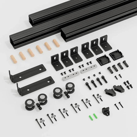 Beefy Heavy Duty Box Rail Sliding Barn Door Track Kit Aluminum Alloy Wall Mount For A Single Door Up To 36 Inches Wide, Supports 330 Lb Capacity, Six Foot Length, Smooth Quiet Glide, Easy Install, No Door Included components laid out