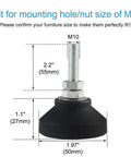 Four Pack Heavy Duty Furniture Leveling Feet With Round Base Screw On Glides For Tables And Chairs Lock Tight Stability And Smooth Glide Action Solid Build That Goes Hard In Black And Silver, M10 size with dimensions.