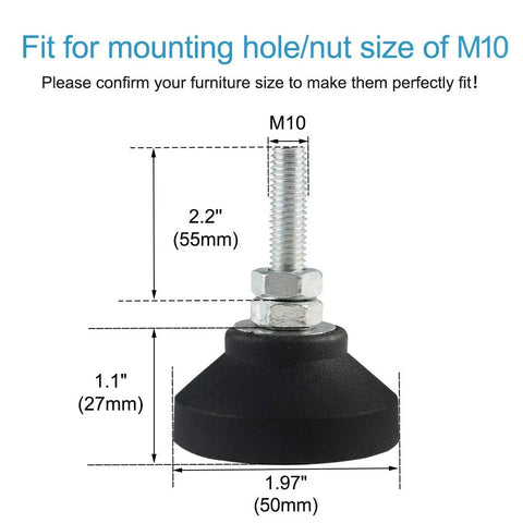 Four Pack Heavy Duty Furniture Leveling Feet With Round Base Screw On Glides For Tables And Chairs Lock Tight Stability And Smooth Glide Action Solid Build That Goes Hard In Black And Silver, M10 size with dimensions.