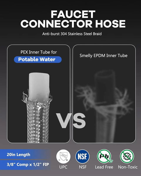 Faucet connector hose for potable water, 20in length, 304 stainless steel braid, anti-burst design, versus EPDM inner tube.