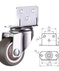 Front view of 1-inch L-shaped plate swivel caster with metal housing, ball bearing, and gray thermoplastic rubber wheel.
