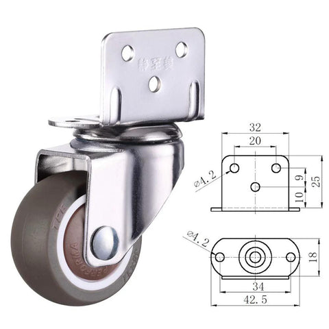 Front view of 1-inch L-shaped plate swivel caster with metal housing, ball bearing, and gray thermoplastic rubber wheel.