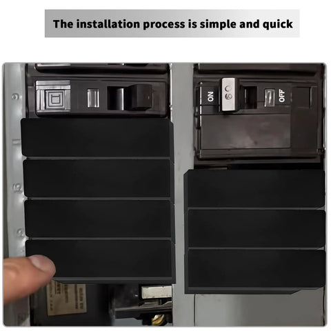 QO Circuit Breaker Filler Plates 10 Pack For Electrical Panels No Mess Install Dust Proof Shield Against Live Components Keeps Panels Safe And Neat Ideal For Replacement Regulatory Compliance And Debris Prevention In Home Or Workshop Electric Panels. Black thermoset plastic filler plates installed in a QO electrical panel