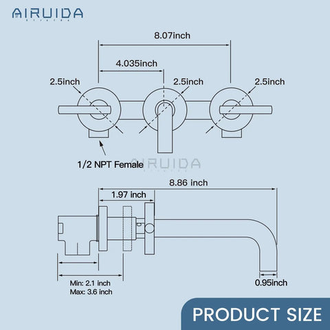 Technical diagram of Wall Mounted Widespread Bathroom Sink Faucet With 2 Levers And A 360 Swivel Spout 3 Holes Chrome Finish
