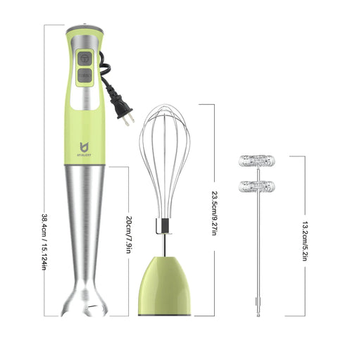 3-In-1 Immersion Hand Blender With Milk Frother And Egg Whisk, 8-Speed Stick Blender, detachable attachments, BPA Free, Green, front view