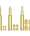 Image of 12 Piece M2.5 M3 M4 Threaded Inserts Kit with three brass soldering iron tips for 3D printed plastic parts, showing insert sizes.