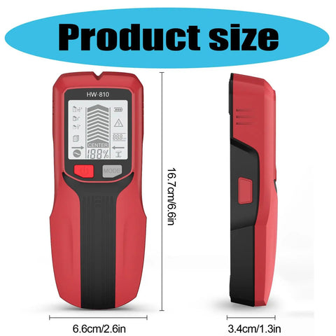 Professional Handheld Wall and Metal Detector Wall Scanner with LCD Screen for Detection of Hiddens Structures Studs Finders side view showing dimensions.