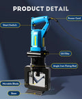 1600W Hydraulic Angle Iron Cutter Electric Steel Cutting Tool For Stainless Steel Quick Slash Setting One Button Trigger features detailed parts including movable blade and start switch.