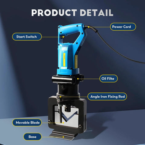 1600W Hydraulic Angle Iron Cutter Electric Steel Cutting Tool For Stainless Steel Quick Slash Setting One Button Trigger features detailed parts including movable blade and start switch.