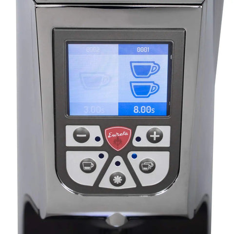 Digital control panel of the Rock Solid Hella Quiet Espresso Grinder Featuring Precision 65 Mm Flat Burrs And Compact Short Hopper.