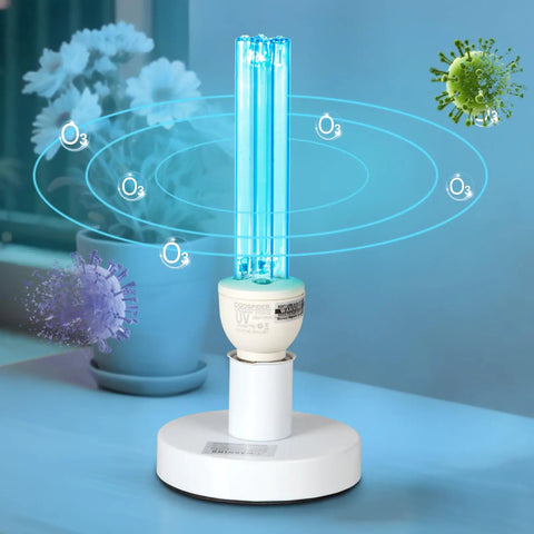 UVC Sanitizer Lamp With Ozone For Home Use 185nm Germ Busting Light With E26 Base 110V Three Gear Timer in use on table