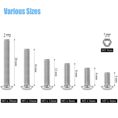 360 Piece M3 Stainless Steel 304 Hex Button Head Bolts Screws And Nuts Kit With Sizes 4Mm 6Mm 8Mm 12Mm 16Mm 20Mm shown