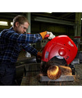 Pro Grade Heavy Duty Chop Saw With A Massive 14 Inch Blade And Rock Solid One Inch Arbor cutting steel with sparks flying.