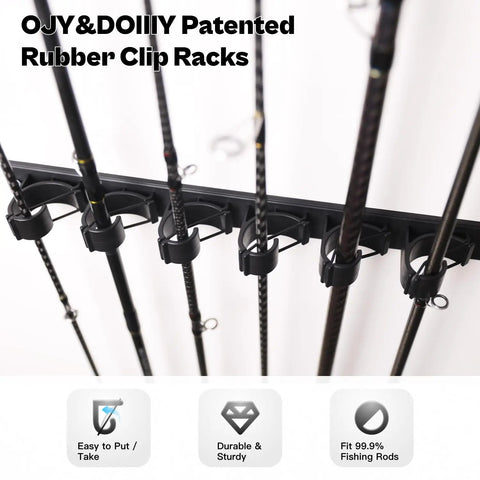 Wall Mount Fishing Rod Holder And Vertical Storage Rack For Garage Holds Up To 6 Rods With Rubber Band Clamp Tech For Firm Grip